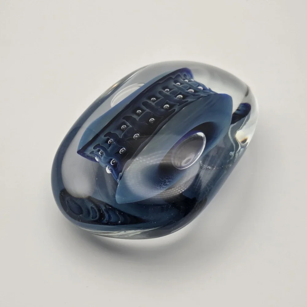 Robert Eickholt Blue/Black/Clear Reptile Series Mouth Blown Paperweight 1993
